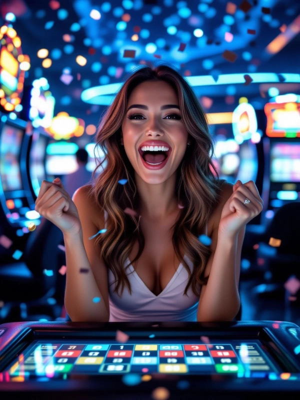 Excited woman celebrating a big casino win